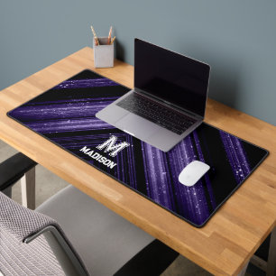 Sparkly metal neon purple black chevron Monogram Desk Mat