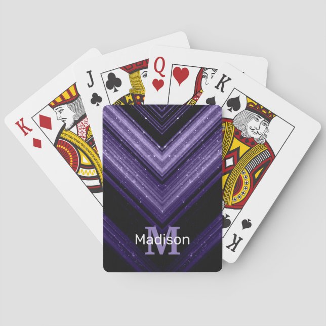 Sparkly metal neon purple black chevron Monogram Playing Cards (Back)