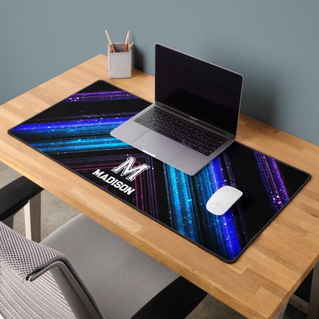Sparkly metallic blue purple chevron Monogram Desk Mat (Office 2)
