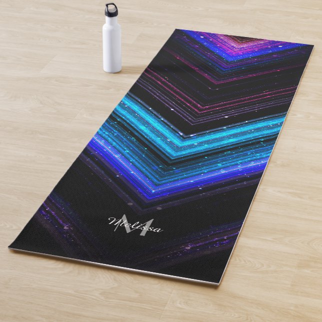 Sparkly metallic blue purple chevron Monogram Yoga Mat (In Situ)