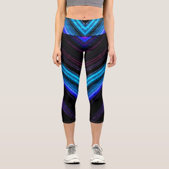 Sparkly metallic blue purple galaxy chevron lines capri leggings (Front)