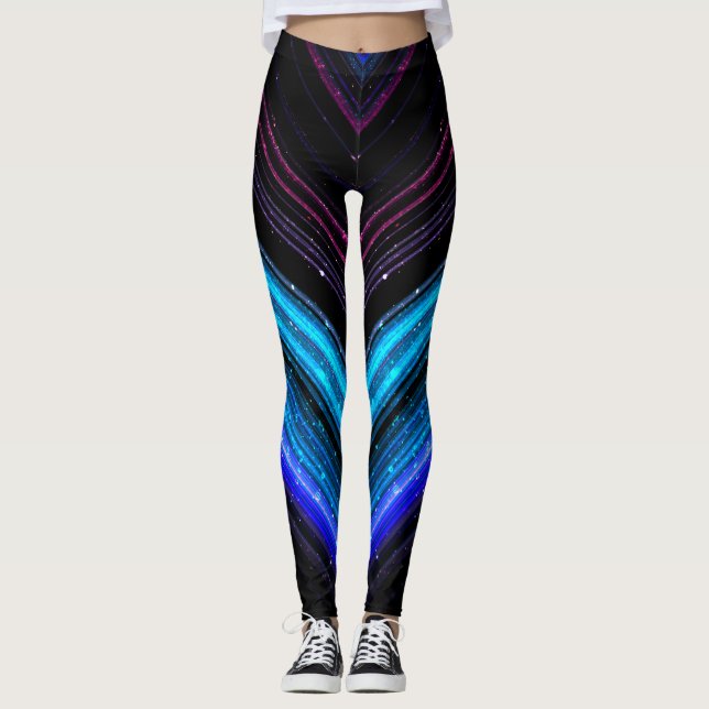 Sparkly metallic blue purple galaxy chevron lines leggings (Front)