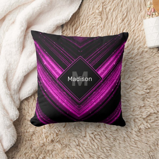 Sparkly metallic hot pink black chevron Monogram Cushion (Blanket)