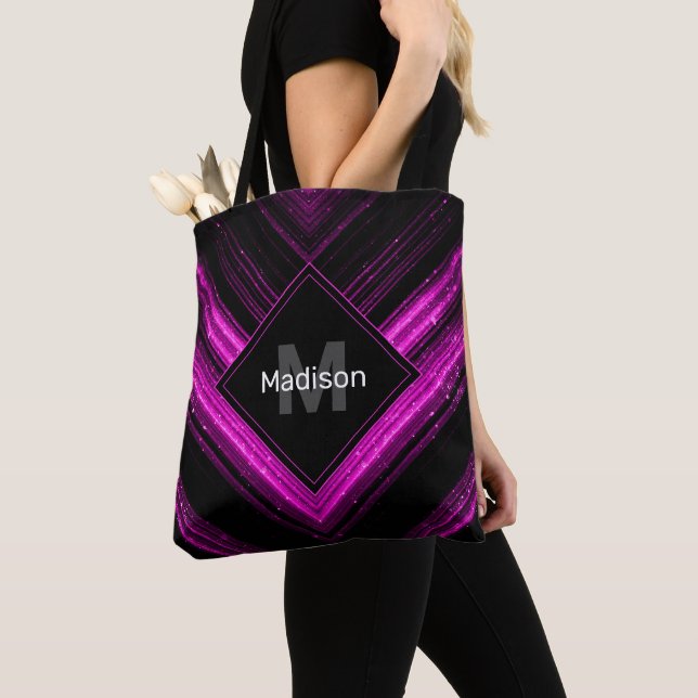 Sparkly metallic hot pink black chevron Monogram Tote Bag (Close Up)