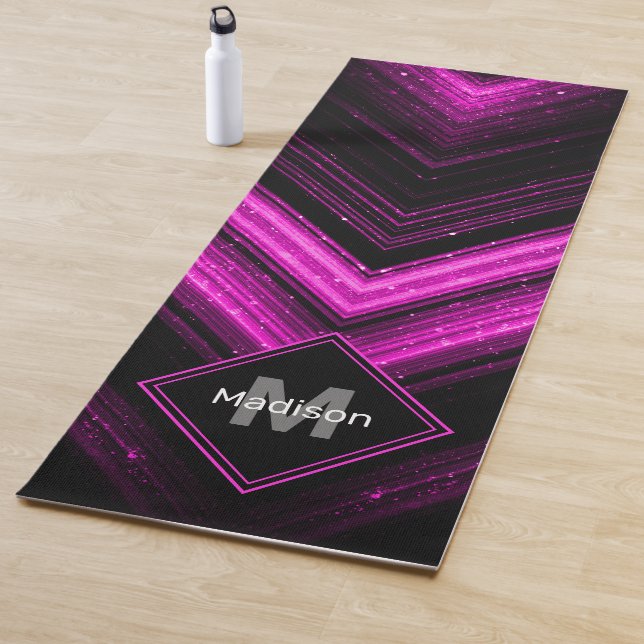 Sparkly metallic hot pink magenta chevron Monogram Yoga Mat (In Situ)