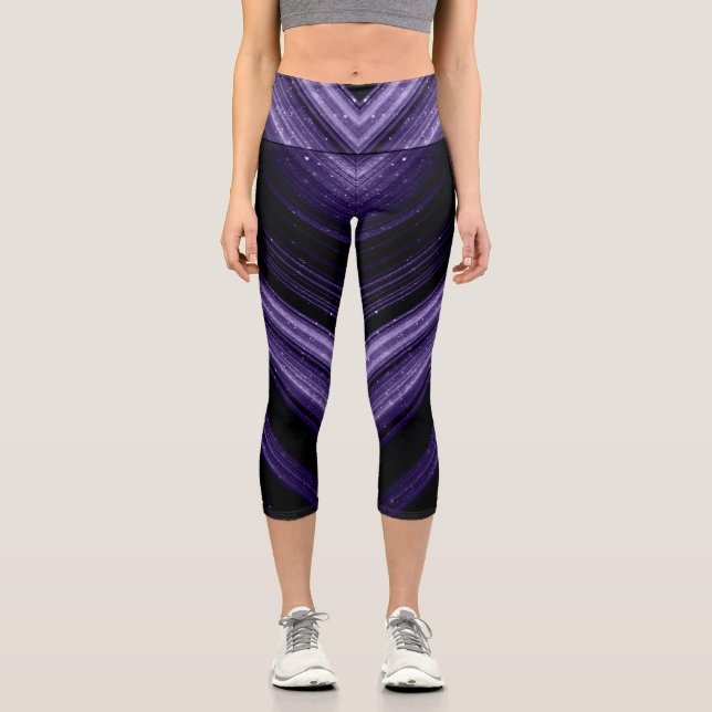 Sparkly metallic ultra violet galaxy chevron lines capri leggings (Front)