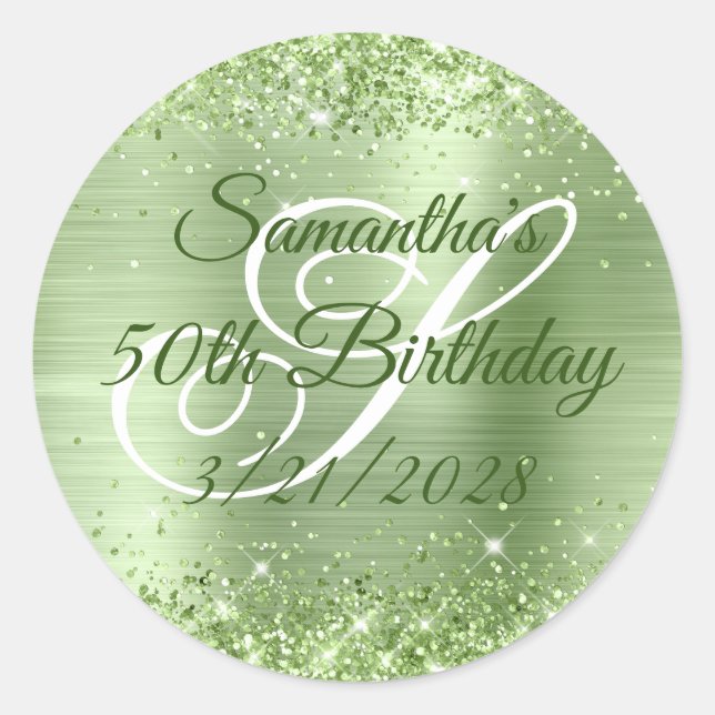 Sparkly Mint Green Glitter Foil 50th Birthday Classic Round Sticker (Front)