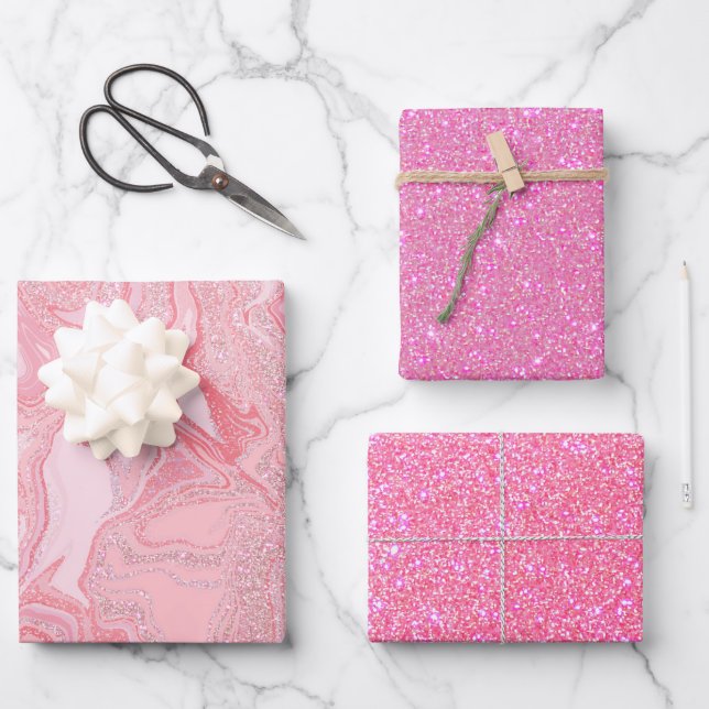 Sparkly Modern Blush Coral Pink Glitter Marble Wrapping Paper Sheet (Front)