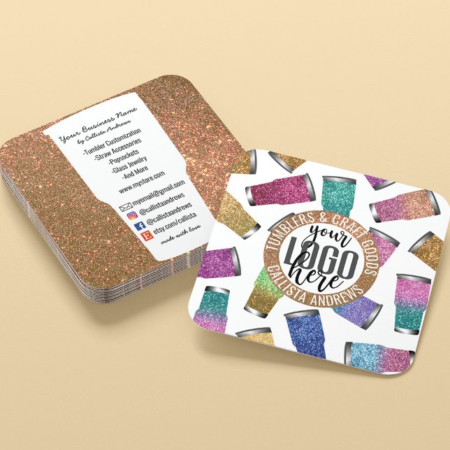 Sparkly Modern Glitter Tumbler Crafter Logo Square Business Card (Creator Uploaded)