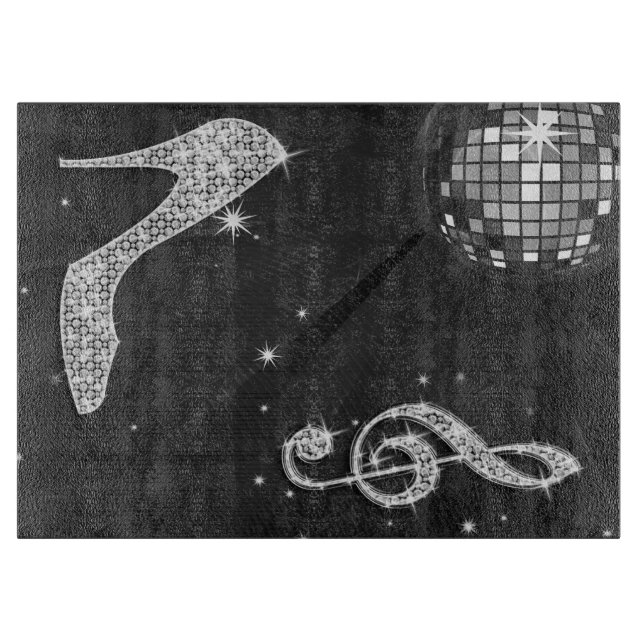 Sparkly Music Note & Stiletto Heel, Disco Ball Cutting Board (Front)