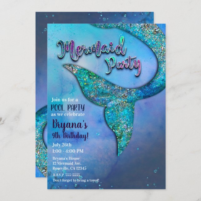 Sparkly Ocean Mermaid Fin Tail Birthday Party Invitation (Front/Back)