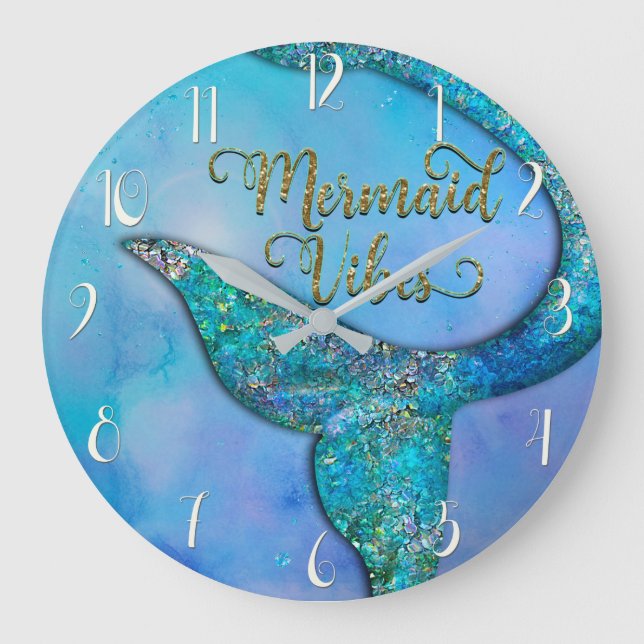 Sparkly Ocean Mermaid Fin Tail Enchanted Large Clock (Front)