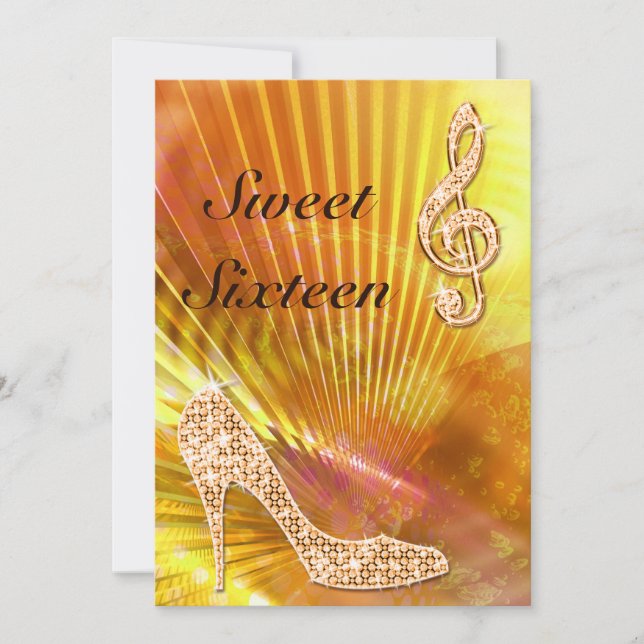 Sparkly Orange Music Note & Stiletto 16th birthday Invitation (Front)