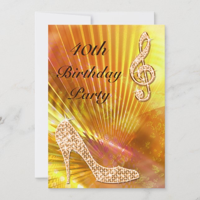 Sparkly Orange Music Note & Stiletto 40th birthday Invitation (Front)