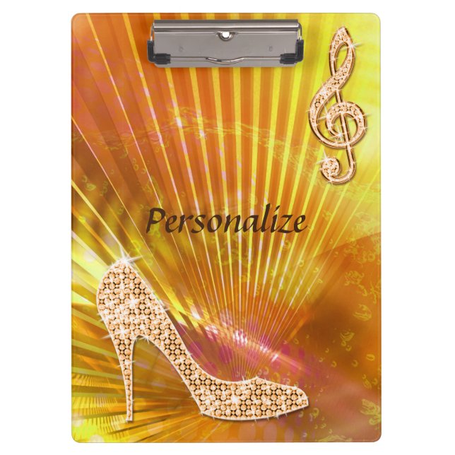 Sparkly Orange Music Note & Stiletto Heel Clipboard (Front)