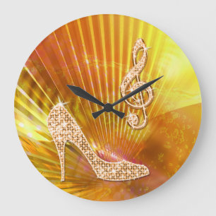 Sparkly Orange Music Note & Stiletto Heel Large Clock