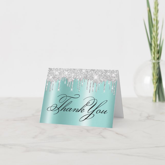 Sparkly Pale Silver Glitter Drips Light Teal Ombre Thank You Card (Front)
