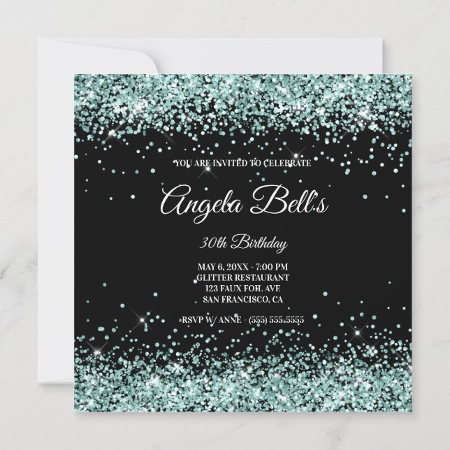 Sparkly Pale Turquoise Glitter Black 30th Birthday Invitation (Back)
