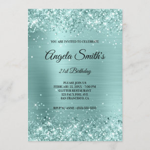 Sparkly Pale Turquoise Glitter Foil Monogram Invitation