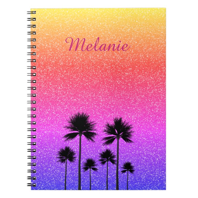 Sparkly Palm Trees Gradient Sunset Personalised Notebook (Front)