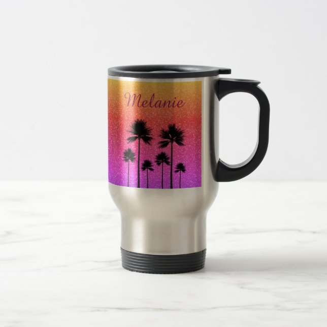 Sparkly Palm Trees Gradient Sunset Personalised Travel Mug (Right)