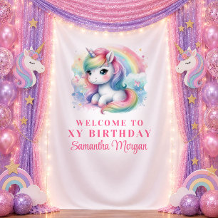 Sparkly Pastel Unicorn Girl Birthday Banner Tapestry