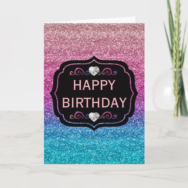 Sparkly Pink and Blue Gradient Glitter Birthday Card (Front)