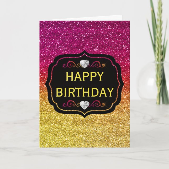 Sparkly Pink and Yellow Gradient Glitter Birthday Card (Front)