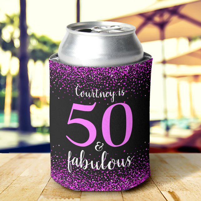 Sparkly Pink & black 50 and fabulous personalised Can Cooler (Creator Uploaded)