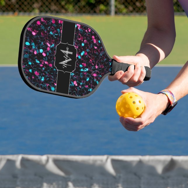 Sparkly pink blue mosaic glitter sparkles Monogram Pickleball Paddle (Insitu)