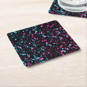 Sparkly pink blue mosaic glitter sparkles square paper coaster