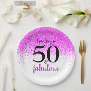 Sparkly pink confetti personalised 50 and fabulous paper plate