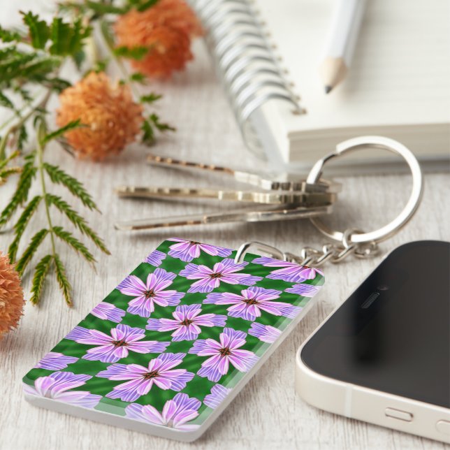 Sparkly Pink Flowers Pattern Key Ring (Front Right)
