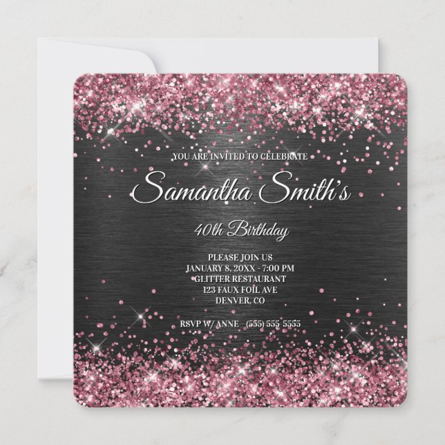Sparkly Pink Glitter and Black Foil 40th Birthday Invitation (Front)