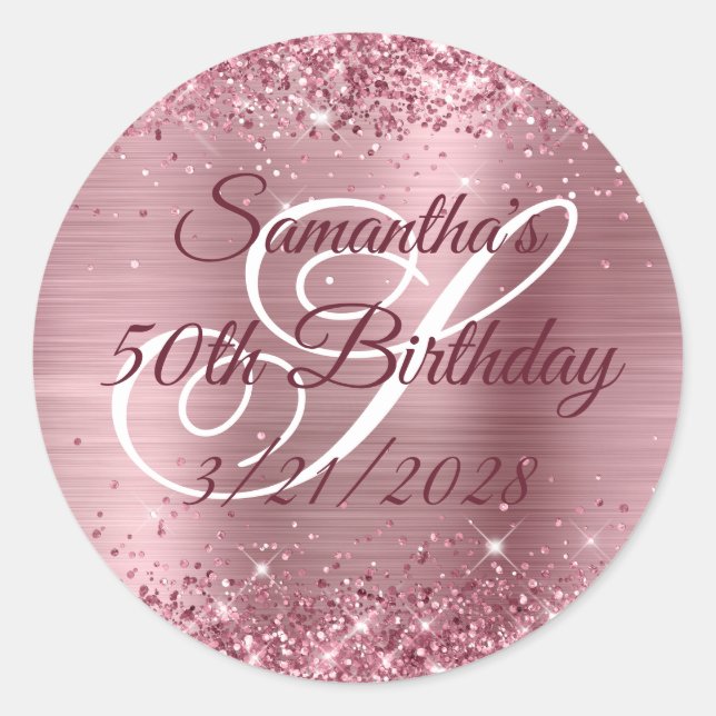 Sparkly Pink Glitter Foil 50th Birthday Classic Round Sticker (Front)
