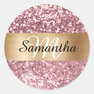 Sparkly Pink Glitter Gold Shimmer Monogram Classic Round Sticker
