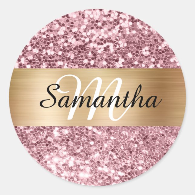 Sparkly Pink Glitter Gold Shimmer Monogram Classic Round Sticker (Front)