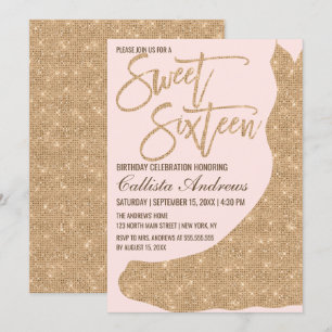 Sparkly Pink Gold Glitter Dress Sweet 16 Invitation