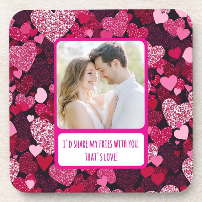Sparkly Pink Hearts Share My Fries Coaster (Front)