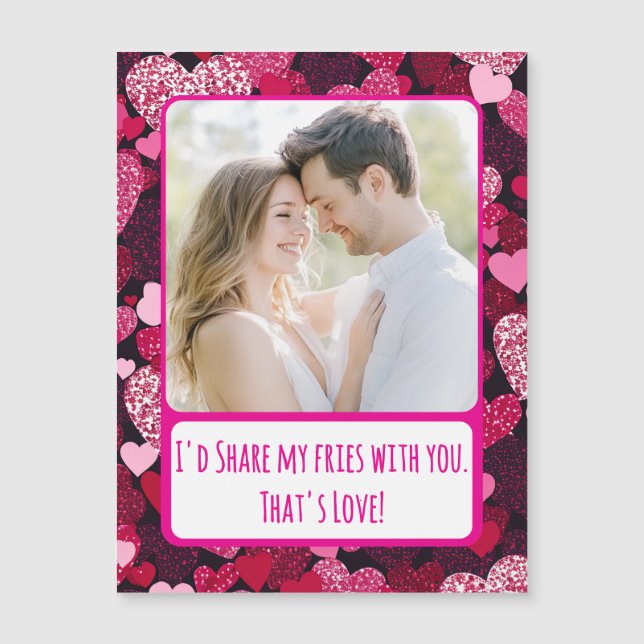 Sparkly Pink Hearts Share My Fries Magnetic Card (Front)