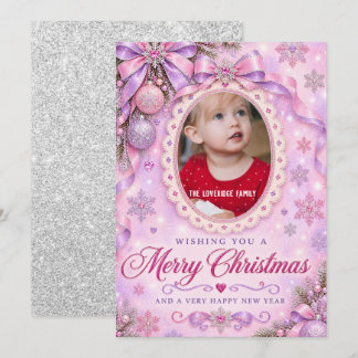 Sparkly Pink Lilac Glitter Christmas Photo Holiday Card