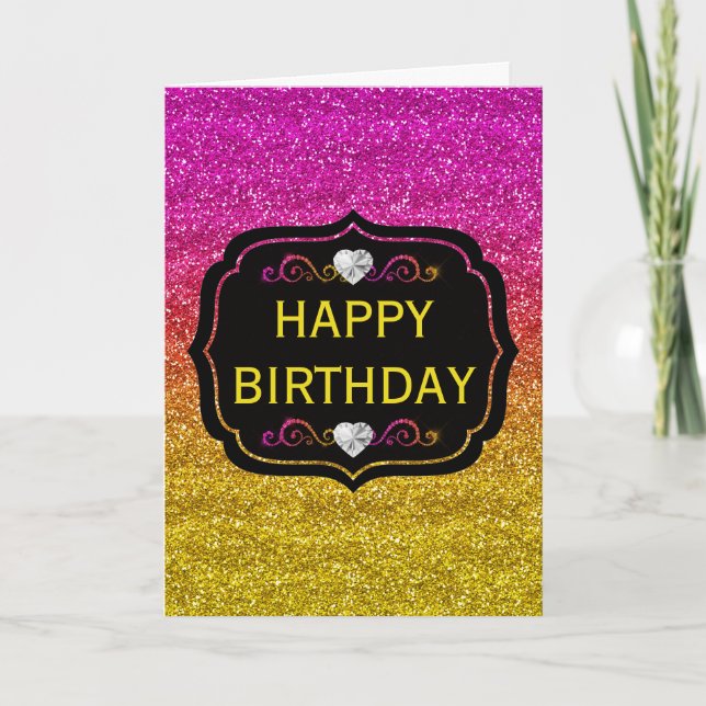 Sparkly Pink & Yellow Gradient Glitter Birthday Card (Front)