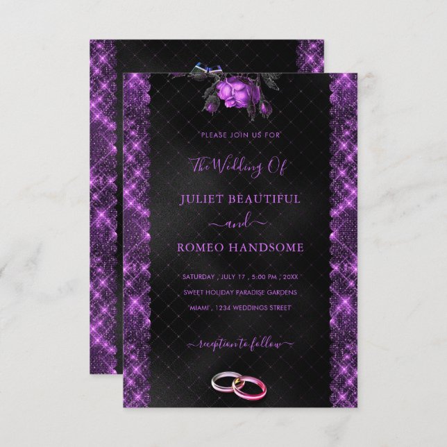 Sparkly Purple Black Wedding Invitation Template (Front/Back)