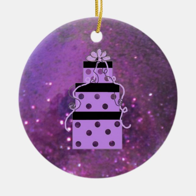 Sparkly Purple Christmas Packages Ceramic Tree Decoration (Front)