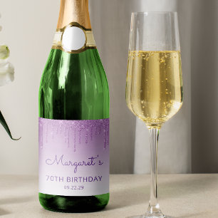 Sparkly Purple Glitter Drip 70th Birthday Party Sparkling Wine Label