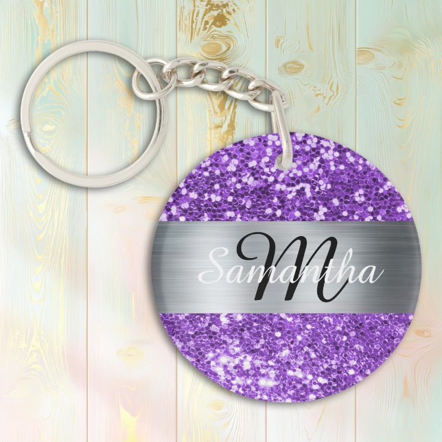 Sparkly Purple Glitter Silver Foil Monogram Key Ring (Sparkly Purple Glitter Silver Foil Monogram Keychain)