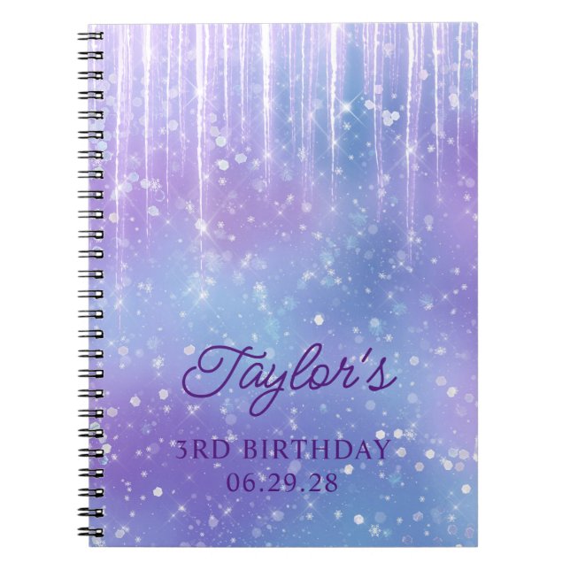 Sparkly Purple Icicles Blue 3rd Birthday Guest Notebook (Front)