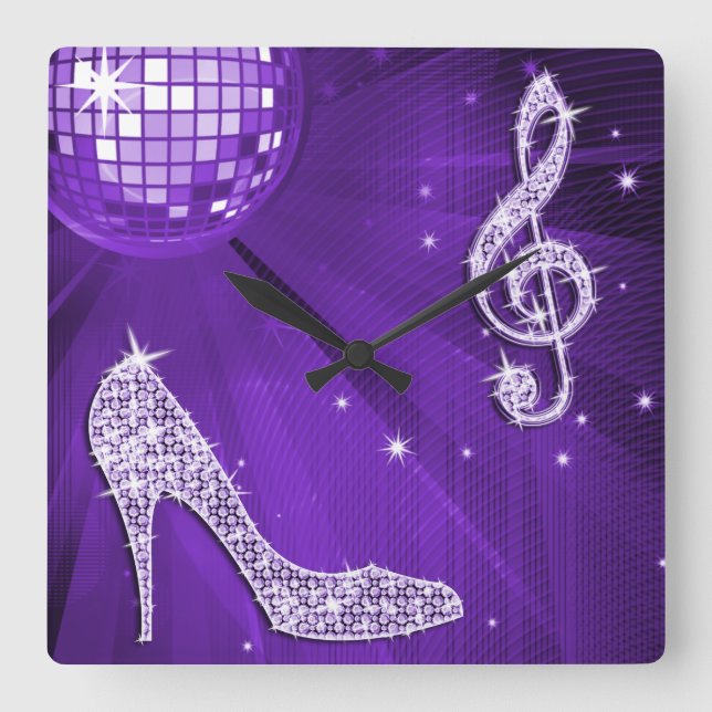 Sparkly Purple/ Lilac Music Note & Stiletto Heel Square Wall Clock (Front)
