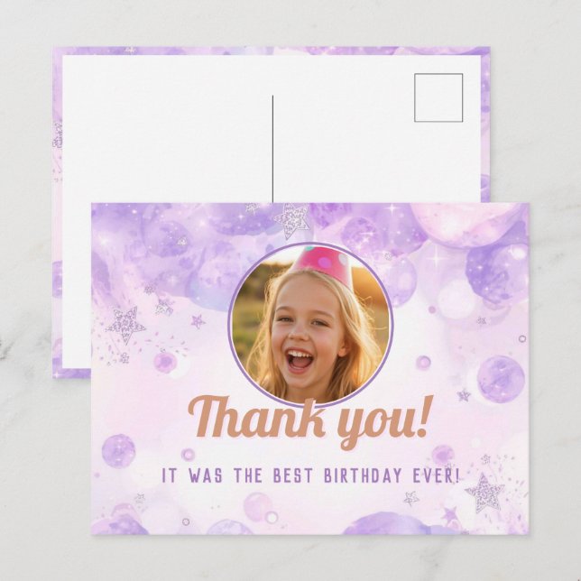Sparkly Purple Photo Girls Birthday Party Postcard (Front/Back)