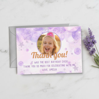 Sparkly Purple Photo Girls Birthday Party Thank You Card